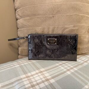 Michael Kors Shiny metallic gun metal grey signature Logo Wristlet